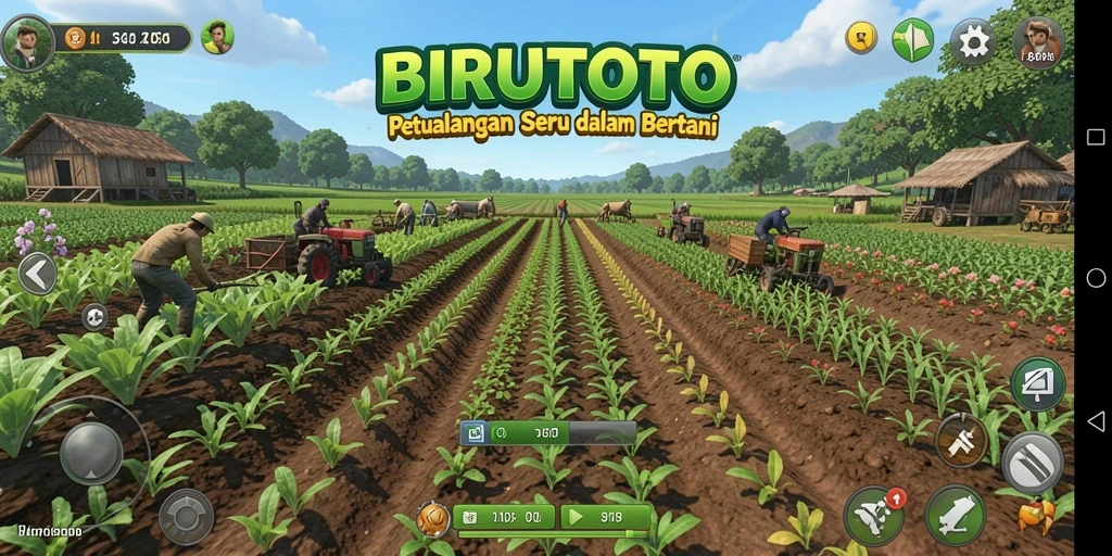 Tangkapan layar menunjukkan gameplay seru BIRUTOTO dengan ladang hijau dan hewan ternak.