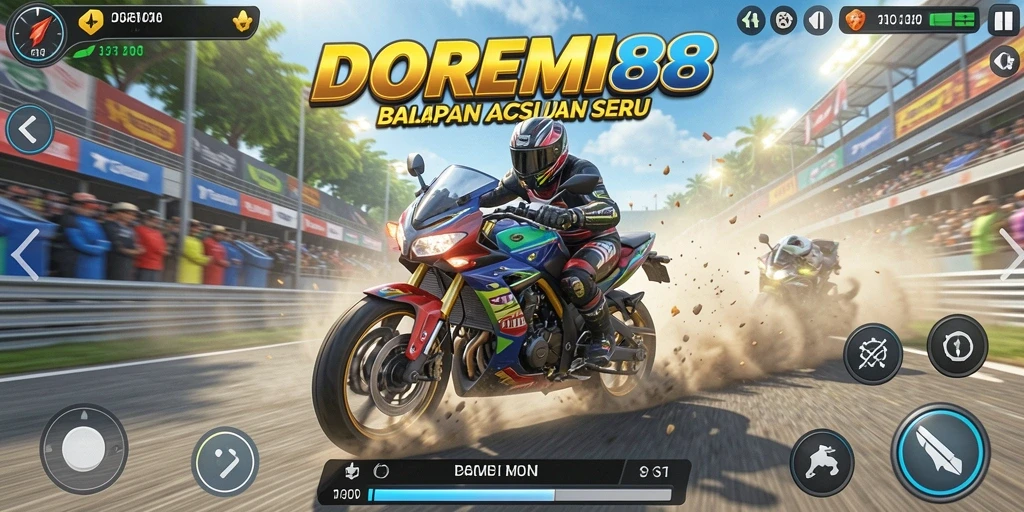 Tampilan gameplay seru dari DOREMI88 dalam balapan motor.