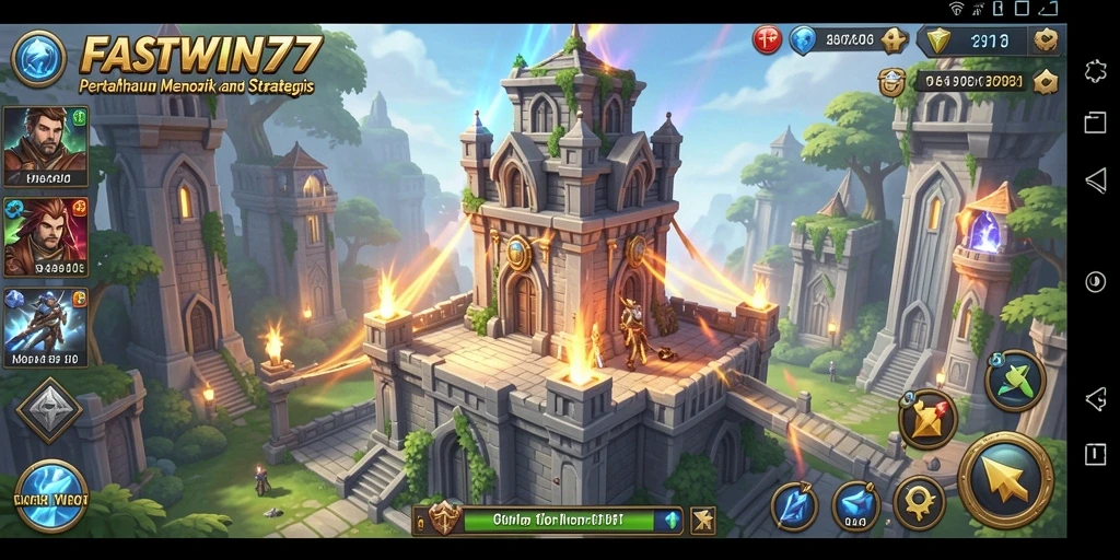Tampilan gameplay FASTWIN77 menampilkan menara dan musuh yang berwarna-warni.
