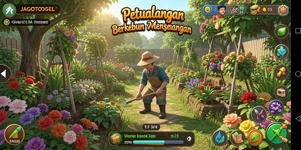 Tampilan screenshot JAGOTOGEL menunjukkan kebun penuh warna dengan berbagai tanaman.