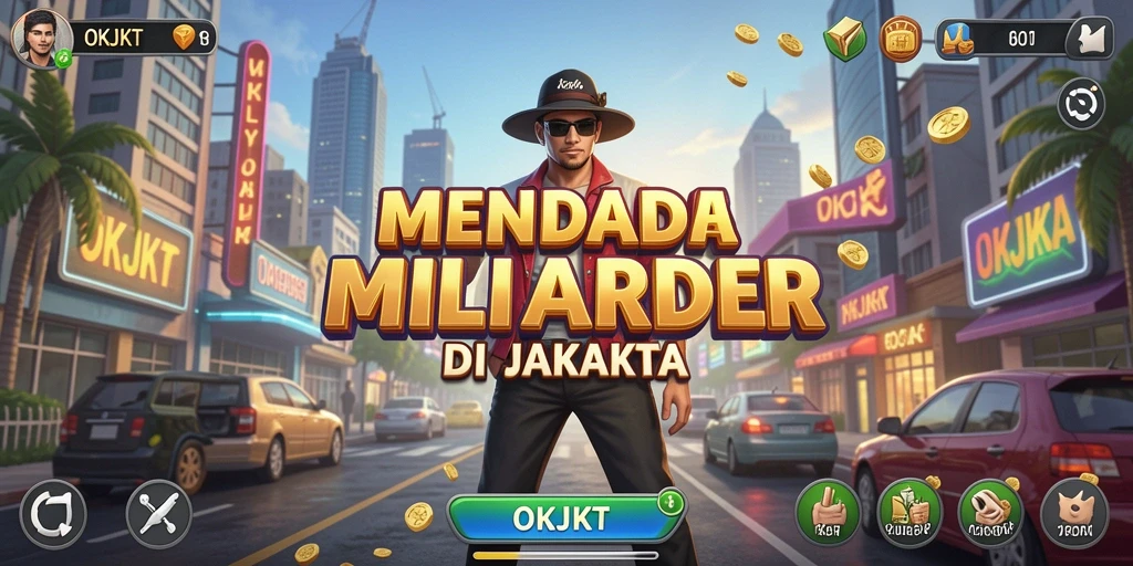 Screenshot gameplay OKJKT menunjukkan keseruan mengelola bisnis di Jakarta.