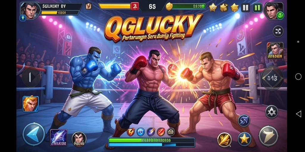 Screenshot utama QGLUCKY menampilkan karakter sedang bertarung dengan gerakan dinamis.