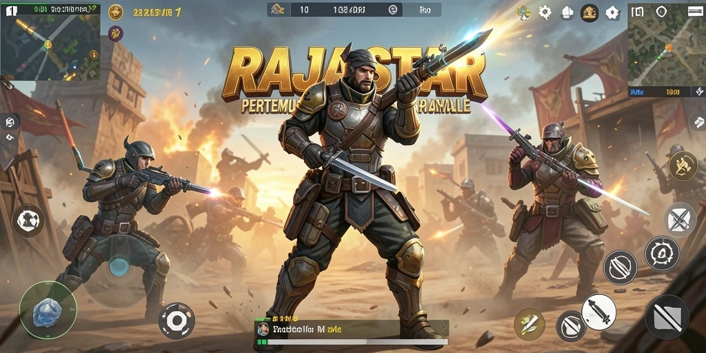 Tampilan aksi seru di arena pertempuran RAJASTAR dengan pemain berjuang untuk bertahan.